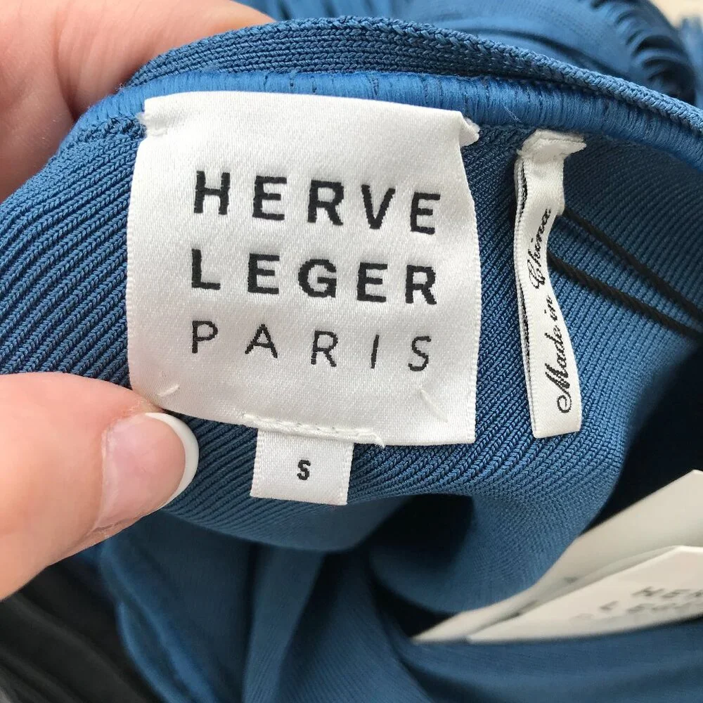 'Herve Leger Paris' One Shoulder Mini Fringe Dress in Petrol Blue - Size Small - Picture 8 of 8